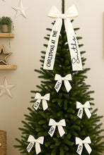 Load image into Gallery viewer, Personalised Family Name Christmas Tree Bows - Christmas at the  - Velvet Christmas Tree Bow Topper - Christmas tree clip on bows - White
