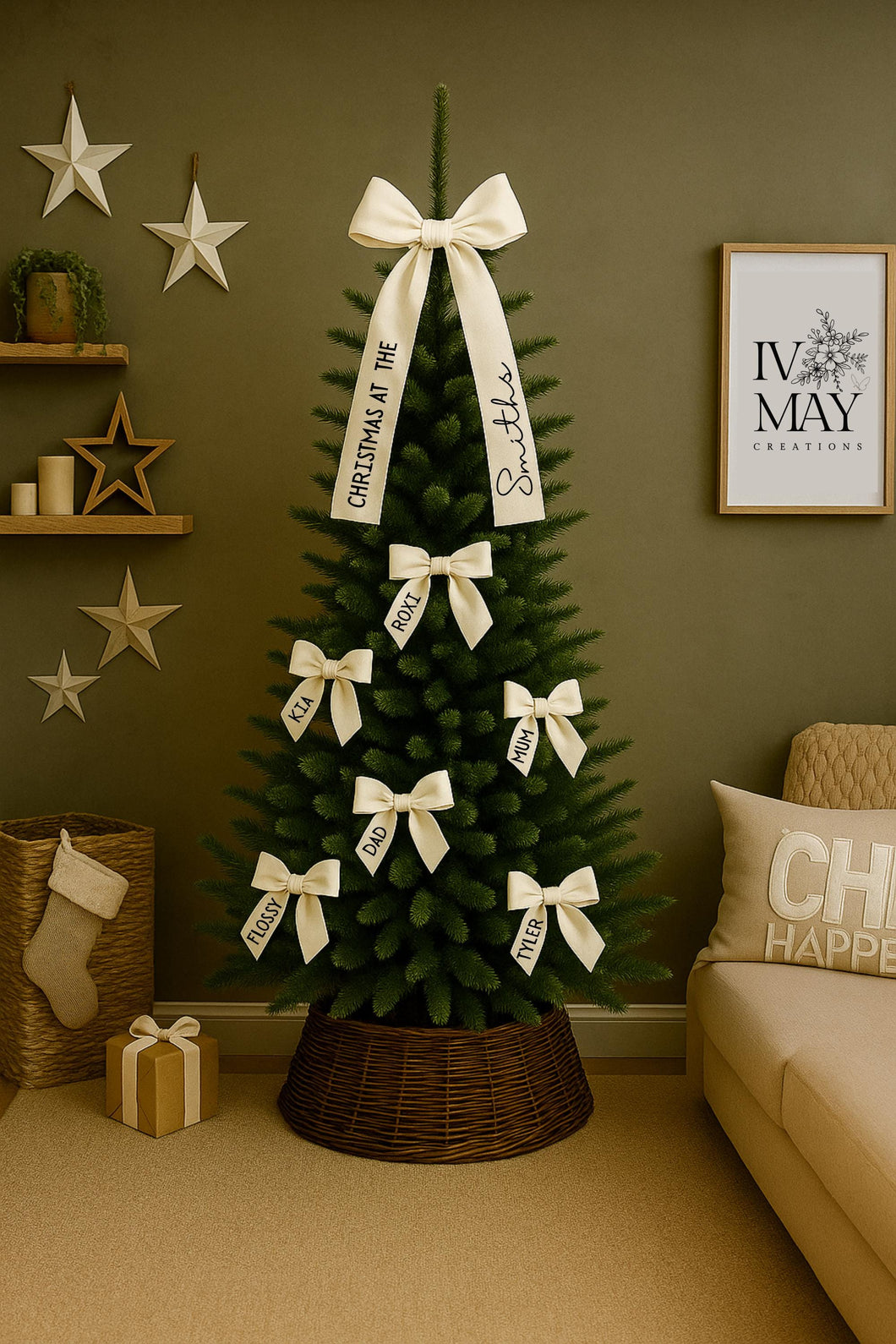 Personalised Family Name Christmas Tree Bows - Christmas at the  - Velvet Christmas Tree Bow Topper - Christmas tree clip on bows - White