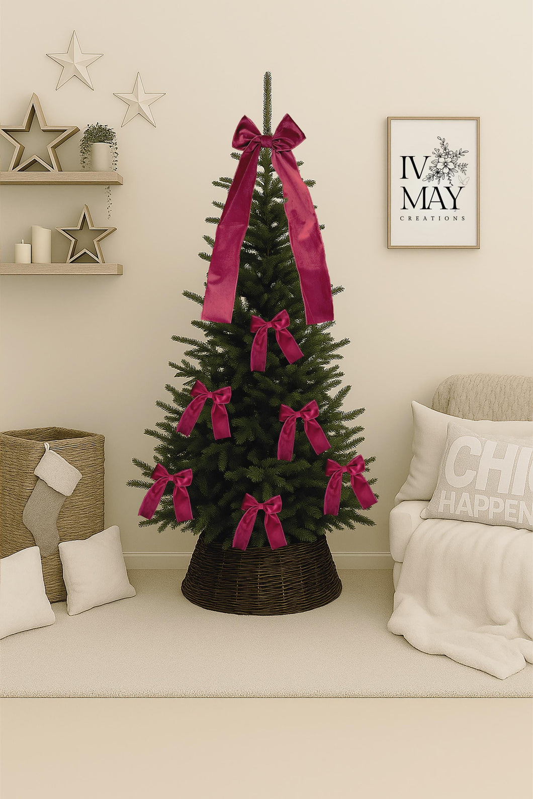 Luxury Handmade Velvet Christmas Tree Bow Topper - Hot Pink Clip-On Decor