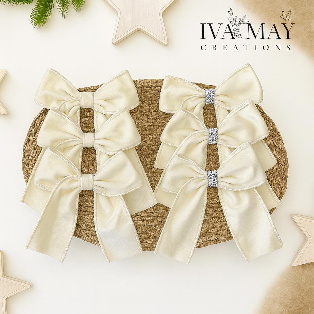 Luxury Handmade Velvet Christmas Tree Bows: Clip-On Holiday Decor - Cream / White
