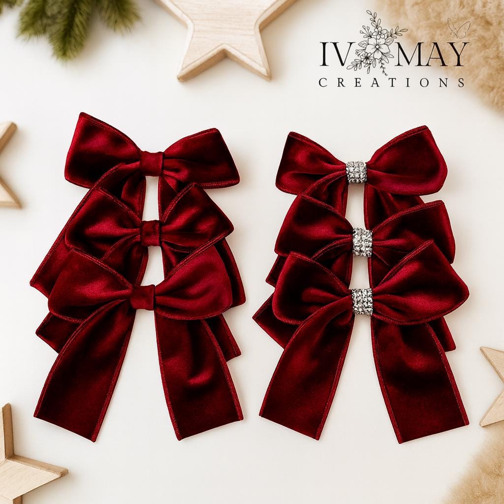Luxury Handmade Velvet Christmas Tree Bows: Clip-On Burgundy Red Ornaments