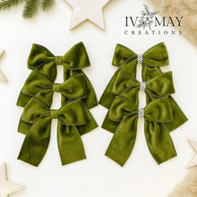 Load image into Gallery viewer, Luxury Handmade Velvet Christmas Tree Bows: Olive Green Clip-On Ornaments
