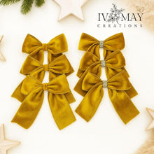 Load image into Gallery viewer, Luxury Handmade Velvet Christmas Tree Bows: Mustard Yellow &amp; Gold, Clip-On
