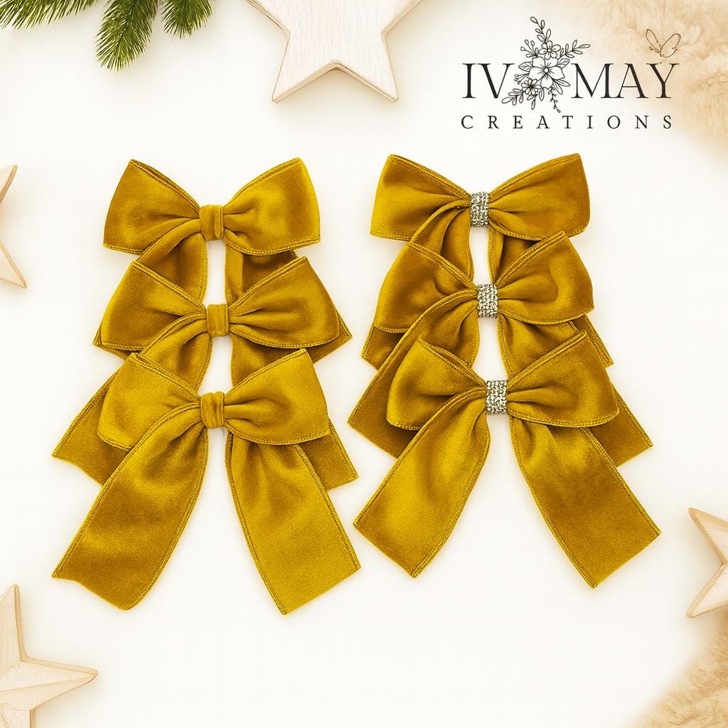 Luxury Handmade Velvet Christmas Tree Bows: Mustard Yellow & Gold, Clip-On