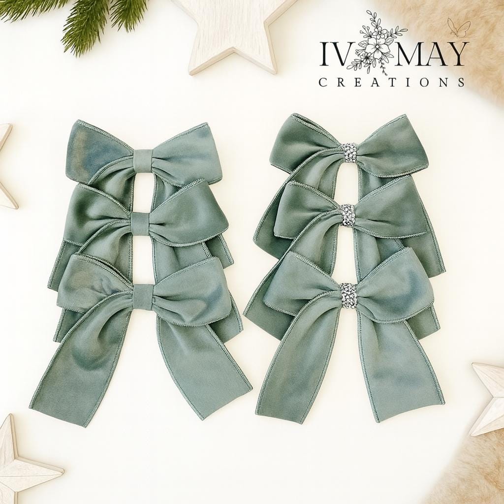 Luxury Velvet Christmas Tree Bows: Mint - Sage Green Clip-on Decorations - Duck Egg
