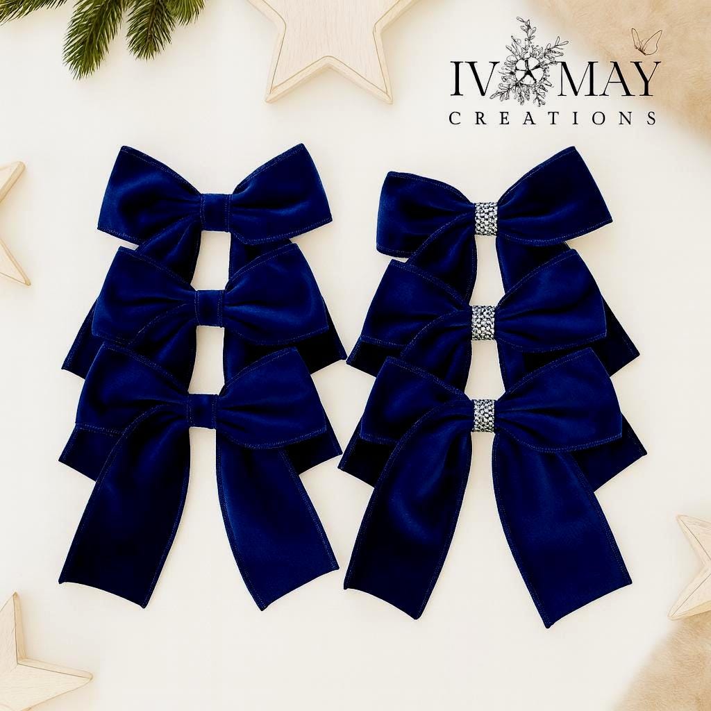 Luxury Handmade Velvet Christmas Tree Bows: Navy Blue Clip-On Ornaments