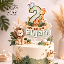 Load image into Gallery viewer, Safari Birthday Cake Topper – Personalised Any Age Jungle Cake Decoration – Lion Giraffe Elephant Birthday Party Decor –  Name Cake Topper
