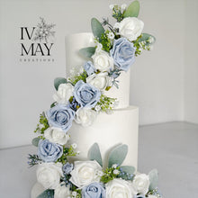 Load image into Gallery viewer, Foam Rose Cake Topper: Dusty Blue &amp; White Floral Garland
