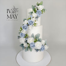 Load image into Gallery viewer, Foam Rose Cake Topper: Dusty Blue &amp; White Floral Garland
