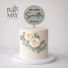 Load image into Gallery viewer, Personalised Mr and Mrs Cake Topper – Sage Acrylic Round Wedding Décor
