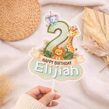 Load image into Gallery viewer, Safari Birthday Cake Topper – Personalised Any Age Jungle Cake Decoration – Lion Giraffe Elephant Birthday Party Decor –  Name Cake Topper

