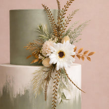 Load image into Gallery viewer, Cake Flowers for Wedding/Celebration Cake — Handcrafted Gold &amp; Sage green Floral Arrangement, One-of-a-Kind Cascade, Ivory and Gold Greenery
