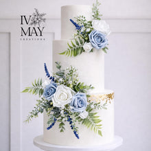 Load image into Gallery viewer, Dusty Blue Rose Cake flowers - Cake Topper: Gypsophila &amp; Eucalyptus Wedding Floral Arrangement
