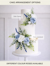 Load image into Gallery viewer, Dusty Blue Rose Cake flowers - Cake Topper: Gypsophila &amp; Eucalyptus Wedding Floral Arrangement
