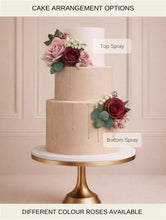 Load image into Gallery viewer, Dusty Pink &amp; Burgundy Silk Roses - Wedding christening cake flower arrangement topper mini eucalyptus roses and Gypsophila
