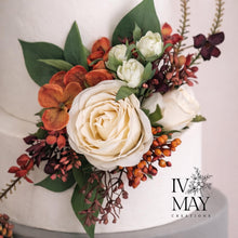 Load image into Gallery viewer, Cake decoration - Cake flowers - Burnt Orange  - Cream - Burgundy - silk roses - Cake topper - With Dried Styled Foliage - Gypsophila

