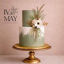 Load image into Gallery viewer, Cake Flowers for Wedding/Celebration Cake — Handcrafted Gold &amp; Sage green Floral Arrangement, One-of-a-Kind Cascade, Ivory and Gold Greenery

