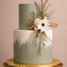 Load image into Gallery viewer, Cake Flowers for Wedding/Celebration Cake — Handcrafted Gold &amp; Sage green Floral Arrangement, One-of-a-Kind Cascade, Ivory and Gold Greenery
