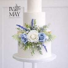 Load image into Gallery viewer, Dusty Blue Rose Cake flowers - Cake Topper: Gypsophila &amp; Eucalyptus Wedding Floral Arrangement
