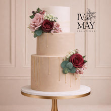 Load image into Gallery viewer, Dusty Pink &amp; Burgundy Silk Roses - Wedding christening cake flower arrangement topper mini eucalyptus roses and Gypsophila
