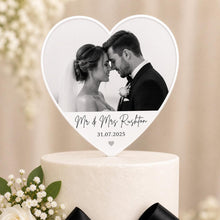 Load image into Gallery viewer, Personalised Wedding Cake Bow | Custom Name &amp; Date Ribbon | Wedding Cake Decoration | Matching Cake Flowers | Photo Cake Toppers Available
