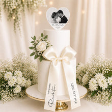 Load image into Gallery viewer, Personalised Wedding Cake Bow | Custom Name &amp; Date Ribbon | Wedding Cake Decoration | Matching Cake Flowers | Photo Cake Toppers Available
