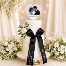 Load image into Gallery viewer, Personalised Wedding Cake Bow | Custom Name &amp; Date Ribbon | Wedding Cake Decoration | Matching Cake Flowers | Photo Cake Toppers Available
