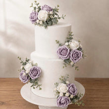 Load image into Gallery viewer, Dusty Purple Cake Flowers, Artificial Flower Cake Spray, Wedding Cake Decorations, Foam Rose Cake Flowers, Ready Made Cake Topper, Reusable
