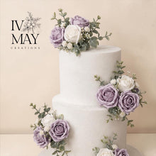 Load image into Gallery viewer, Dusty Purple Cake Flowers, Artificial Flower Cake Spray, Wedding Cake Decorations, Foam Rose Cake Flowers, Ready Made Cake Topper, Reusable
