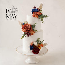 Load image into Gallery viewer, Burnt Orange Burgundy &amp; Royal Blue Cake Flowers, Artificial Flower Cake Spray, Wedding Cake Decoration, Foam Rose Cake Flowers, Cake Topper
