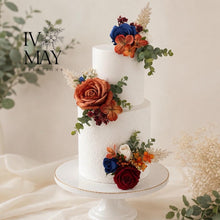 Load image into Gallery viewer, Burnt Orange Burgundy &amp; Royal Blue Cake Flowers, Artificial Flower Cake Spray, Wedding Cake Decoration, Foam Rose Cake Flowers, Cake Topper
