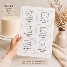 Load image into Gallery viewer, Custom Edible Cake Image | Any Photo, Logo or Clipart | A5 &amp; A4 Icing Sheet | Personalised Cake Topper Print
