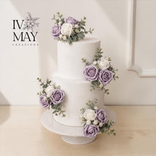 Load image into Gallery viewer, Dusty Purple Cake Flowers, Artificial Flower Cake Spray, Wedding Cake Decorations, Foam Rose Cake Flowers, Ready Made Cake Topper, Reusable

