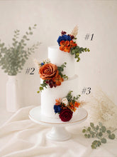 Load image into Gallery viewer, Burnt Orange Burgundy &amp; Royal Blue Cake Flowers, Artificial Flower Cake Spray, Wedding Cake Decoration, Foam Rose Cake Flowers, Cake Topper

