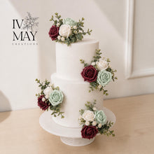 Load image into Gallery viewer, Sage Green &amp; Bungundy Cake Flowers, Artificial Flower Cake Spray, Wedding Cake Decorations, Foam Rose Cake Flowers, Cake Topper, Reusable
