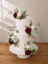 Load image into Gallery viewer, Sage Green &amp; Bungundy Cake Flowers, Artificial Flower Cake Spray, Wedding Cake Decorations, Foam Rose Cake Flowers, Cake Topper, Reusable
