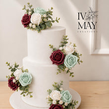 Load image into Gallery viewer, Sage Green &amp; Bungundy Cake Flowers, Artificial Flower Cake Spray, Wedding Cake Decorations, Foam Rose Cake Flowers, Cake Topper, Reusable
