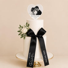 Load image into Gallery viewer, Personalised Wedding Cake Bow | Custom Name &amp; Date Ribbon | Wedding Cake Decoration | Matching Cake Flowers | Photo Cake Toppers Available

