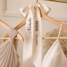 Load image into Gallery viewer, Personalised Wedding Hanger Bow | Satin Bridal Hanger Ribbon | Bride Dress Hanger Bow | Bridesmaid Gift | Wedding Morning Decor
