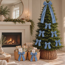 Load and play video in Gallery viewer, Luxury Handmade Velvet Christmas Tree Bow Topper: Clip-On Holiday Decor - Dusty Blue - Pale Blue
