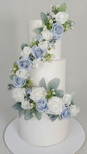 Load and play video in Gallery viewer, Wedding Christening cake flower arrangement topper Garland Trim Decoration Foam Roses Dusty Blue and white
