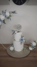 Load and play video in Gallery viewer, Cake hoop Flowers Dusty blue lavender gypsophila eucalyptus leaf cake topper wedding decorations floral arrangement - Custom Colours
