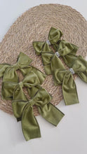 Load and play video in Gallery viewer, Luxury Handmade Velvet Christmas Tree Bows: Olive Green Clip-On Ornaments

