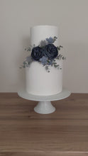 Load and play video in Gallery viewer, Cake Flowers - Wedding Cake Flowers - Cake Topper - Christening / Birthday cake - Dusty Blue silk roses, eucalyptus and thistles
