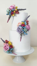 Load and play video in Gallery viewer, Foam Rose Cake Flower Arrangement: Dusty Blue &amp; Pink Wedding Decor
