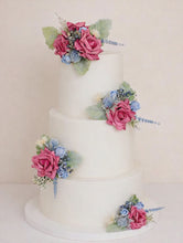 Load and play video in Gallery viewer, FULL SET Wedding Christening Cake Flower Arrangement Topper &amp; Decorations Roses - Dusty Blue - Thistles
