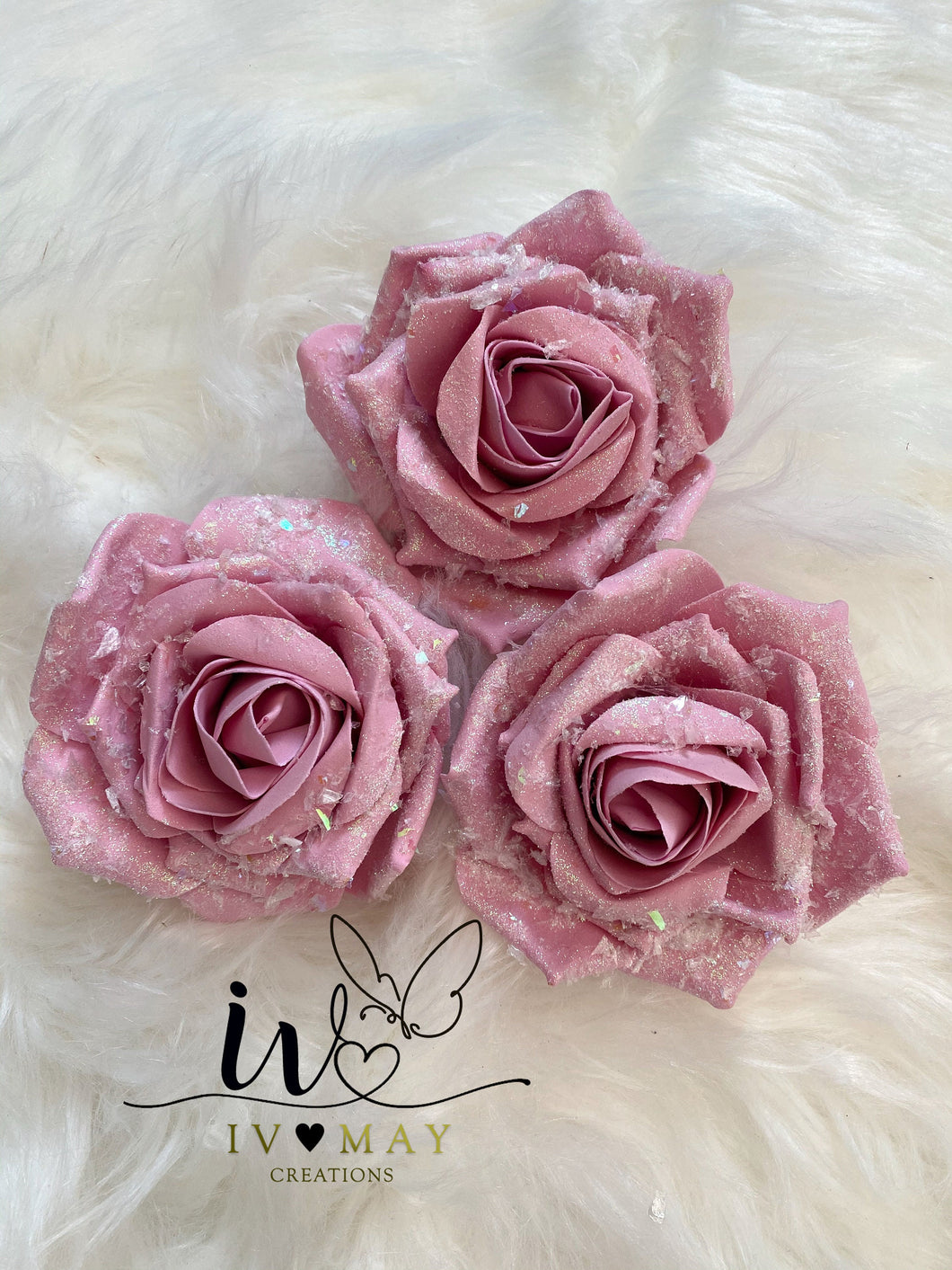 SET OF 3 10cm Christmas Tree Decoration - Snow Glitter or NO Glitter Dusty Pink Clip on Roses