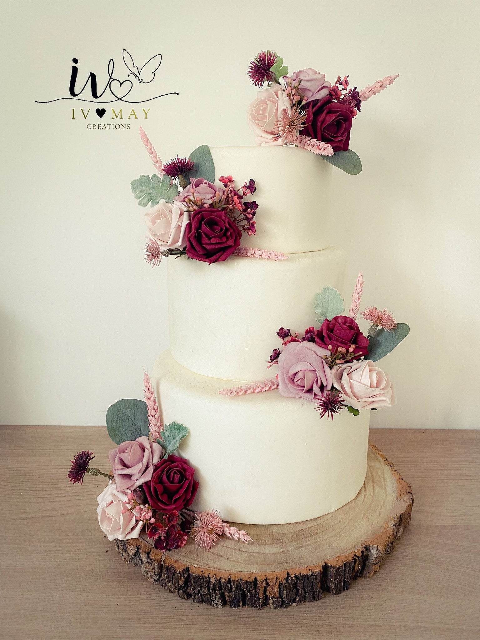 Burgundy & Ivory Rose Cake Topper Decoration -