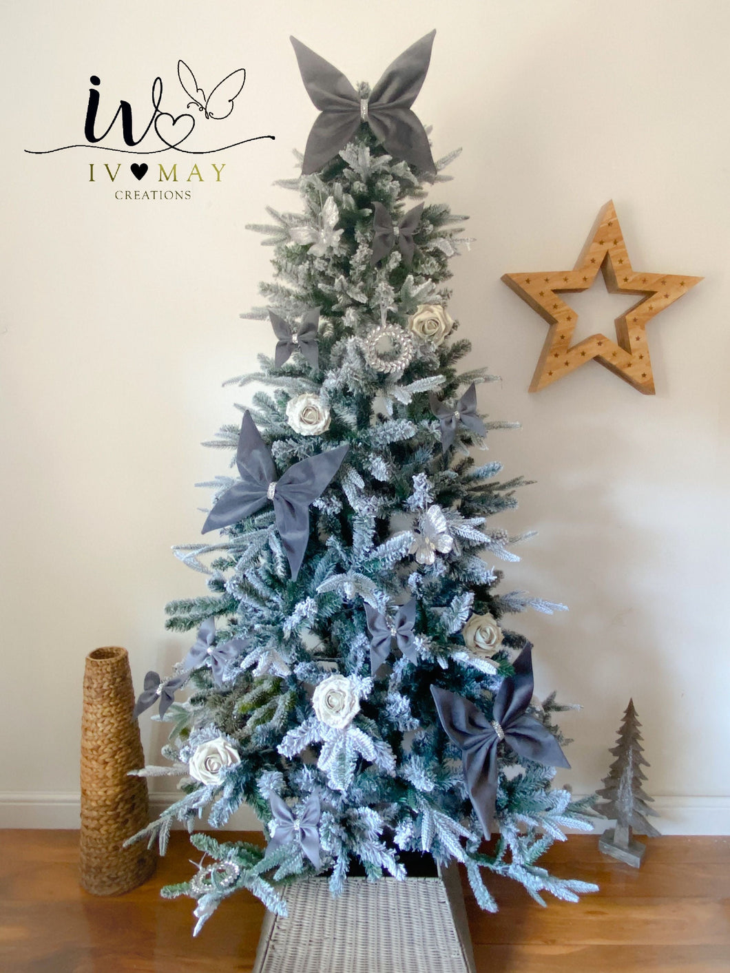 Large Velvet Christmas Tree Bow Topper - Christmas tree butterfly Bow - Grey