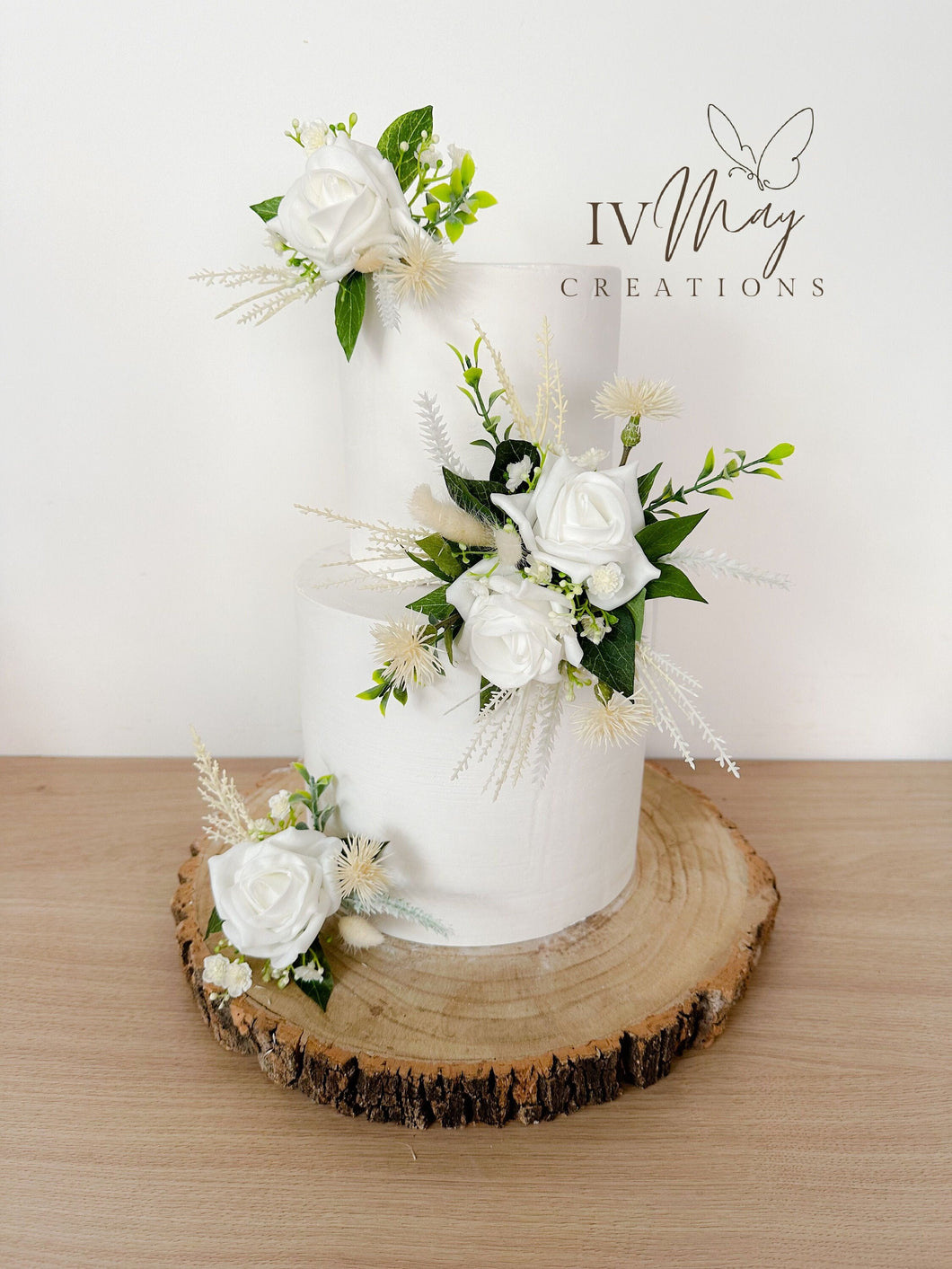 White & Ivory Wedding Cake - christening cake -  flower arrangement - cake topper - Boho style - dried - thistle